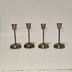 Vintage Brass Taper Candle Holders Round Star-cut Base Set of 4 MCM Decor Patina